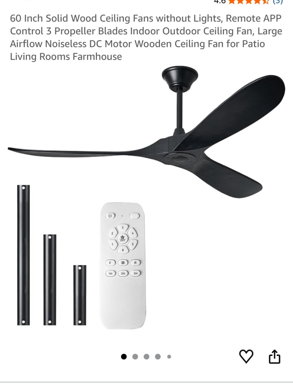 60-Inch Modern 3-Blade Wood Ceiling Fan with Remote - Black